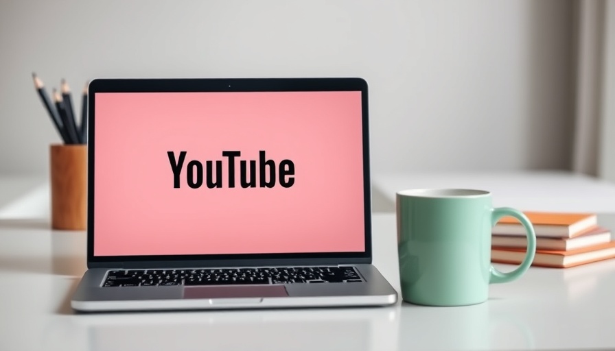 Laptop with YouTube logo on desk, YouTube AI Overviews context.