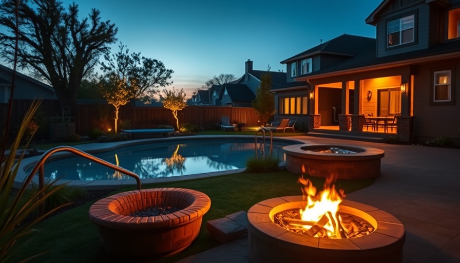 Outdoor evening scene with fire pit and pool.