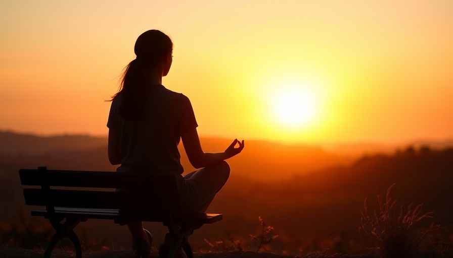 Mindful meditation on a bench at sunset with a calm landscape.