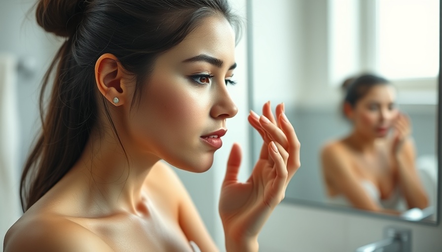 Focused woman examining skin for OS-01 peptide benefits.