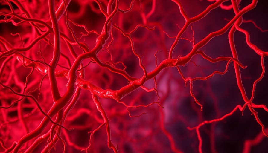 Intricate network of red blood vessels symbolizing macrophage senescence and blood vessel formation.