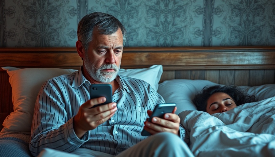 Contemplative man in bed on phone, wife sleeping nearby.