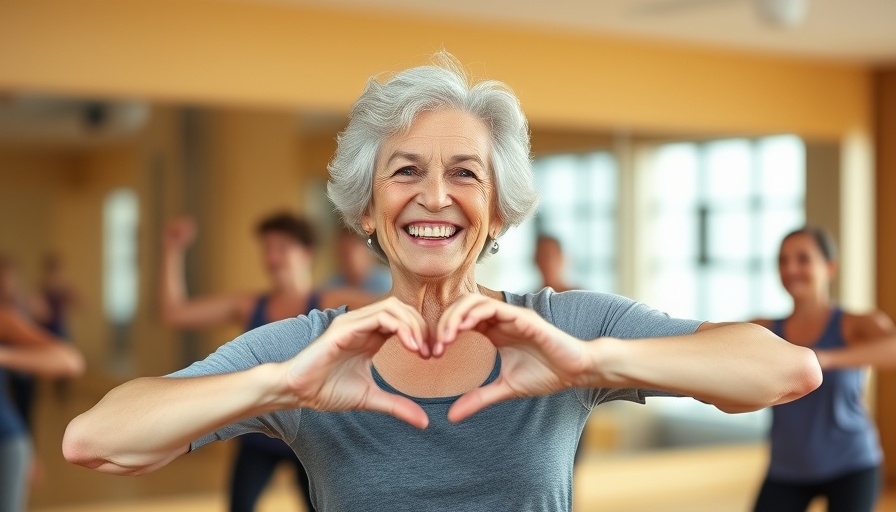 Senior smiling while exercising in fitness class, embracing movement.