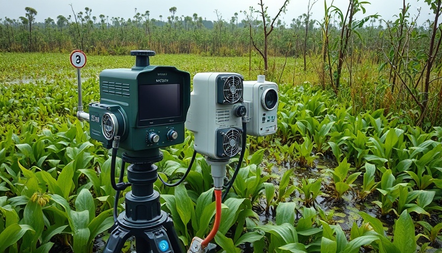Wetland with scientific instruments measuring methane emissions due to global warming.