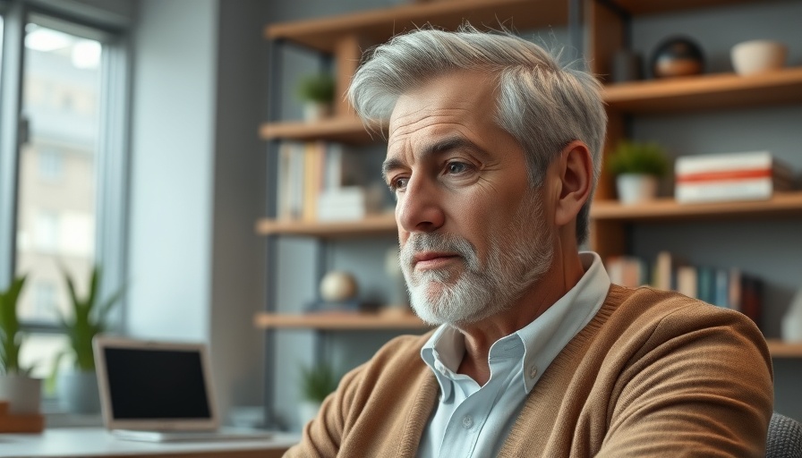 Contemplative mature man considering questions in a modern office.