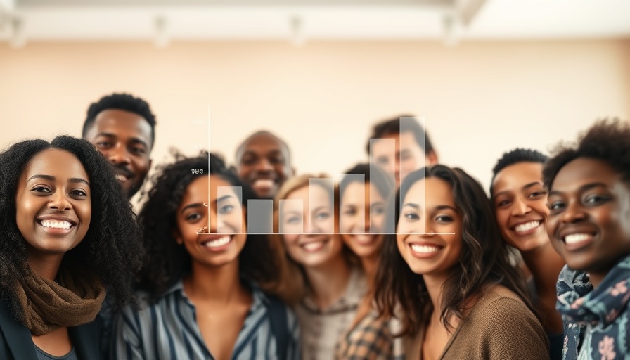 Smiling group with chart overlay showing dental implant trends.