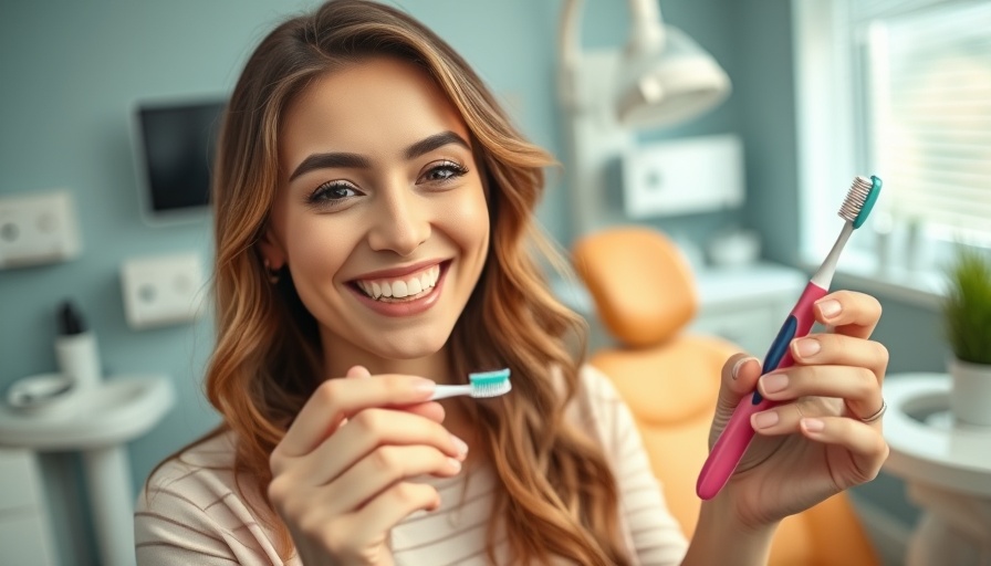 Smiling woman choosing the right toothbrush in a dental office.