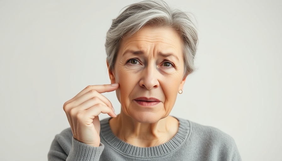 Concerned middle-aged woman touching her face, effects of menopause on oral health.
