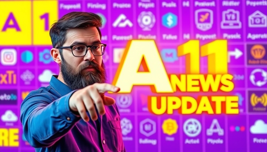 Colorful AI news update graphic with tech logos and a bearded man.