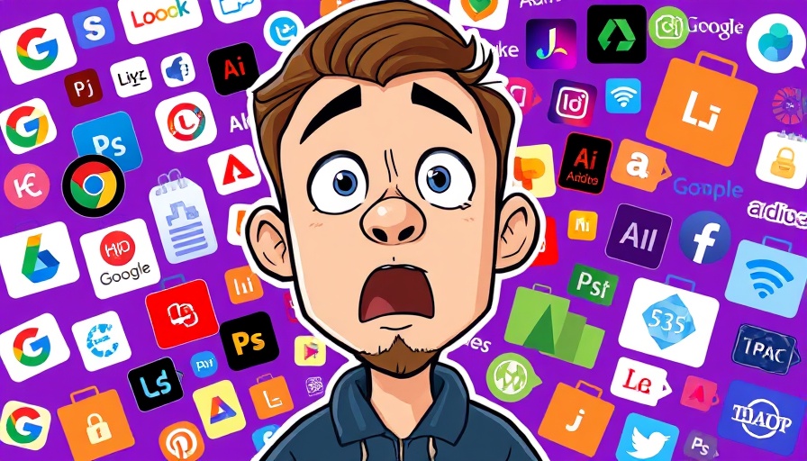 Illustration of a surprised man surrounded by tech logos, Cartoon style