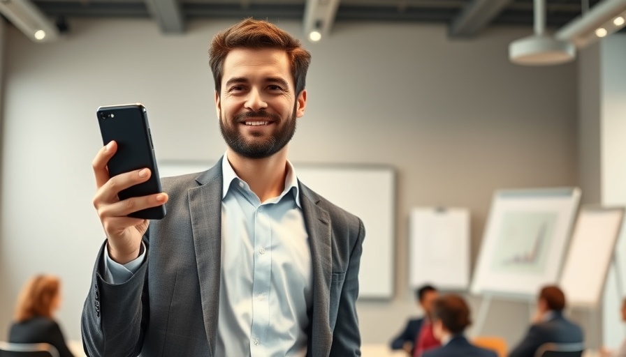 Confident man presenting at a business seminar with smartphone.