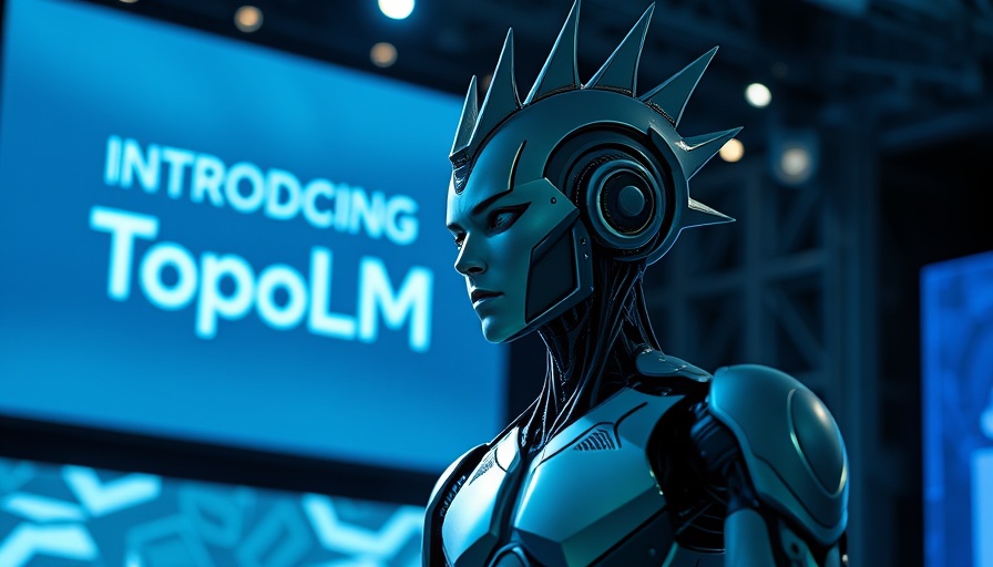Futuristic humanoid introduced at tech event with Topographic Language Model AI display.