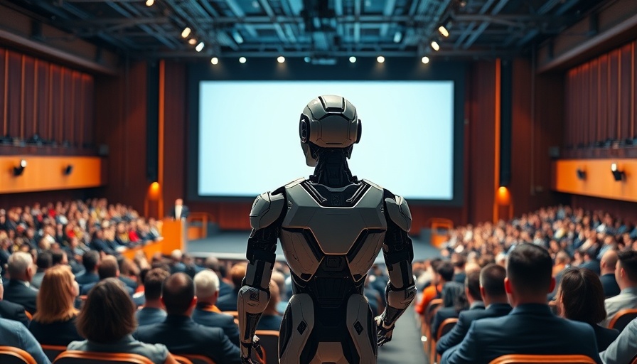 Futuristic AI robot presentation on priming risks, wide auditorium view.