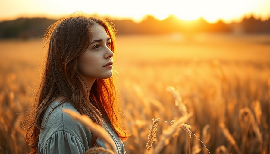Young woman contemplating choices in sunset field, warm light.