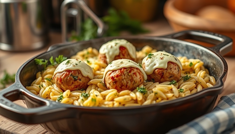 One Pan Baked Pesto Orzo with Chicken Meatballs, garnished with fresh basil.