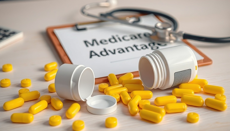 Medicare Advantage plans concept with pills and stethoscope.