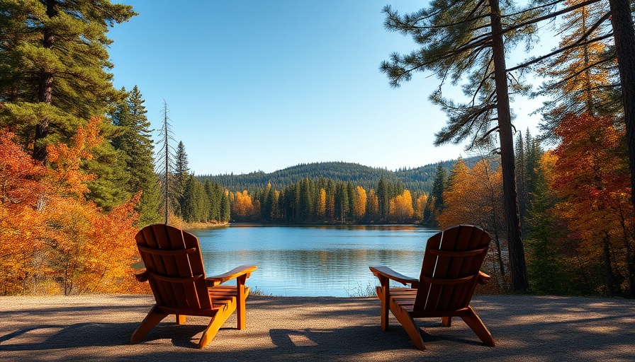 Calm lake scene with autumn trees and empty chairs, reflecting clean air.