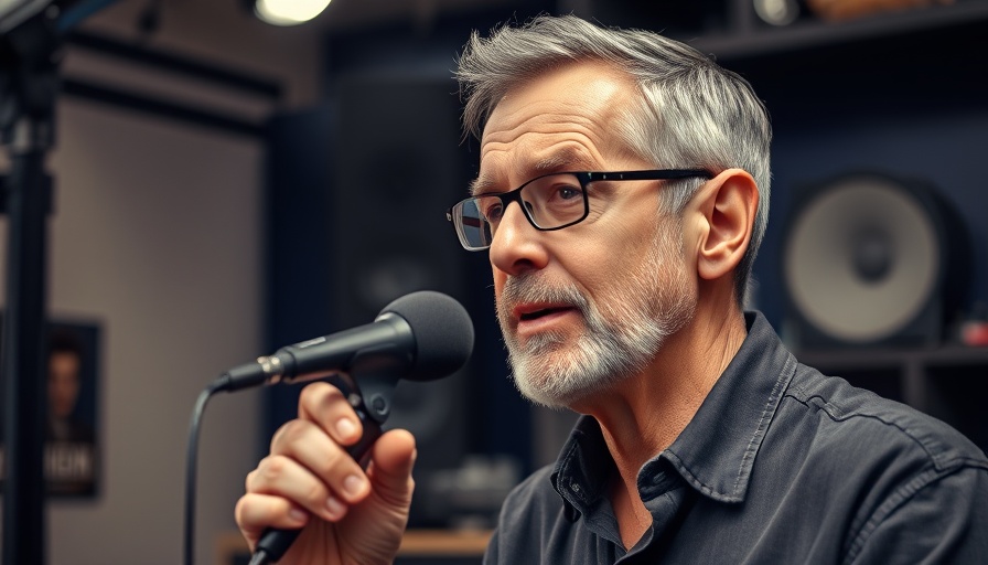 Middle-aged man discussing spousal happiness over children's needs in studio.
