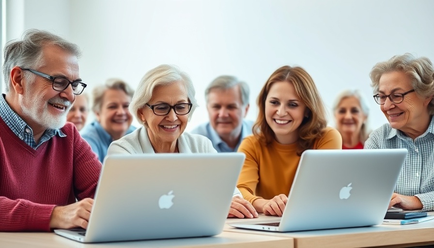 Older adults learning financial literacy together on laptops.