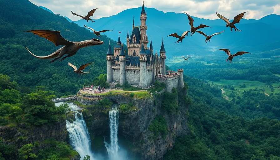 AI image generation Perplexity: Floating castle with dragons in lush landscape.