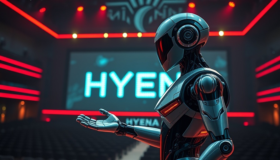 Futuristic Hyena presentation on stage with neon lettering.