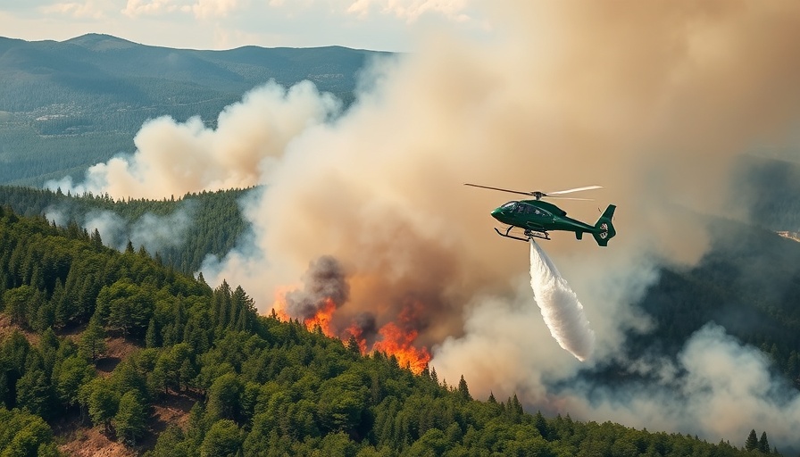 Helicopter battling UK wildfires 2025 with water drop in hilly terrain.