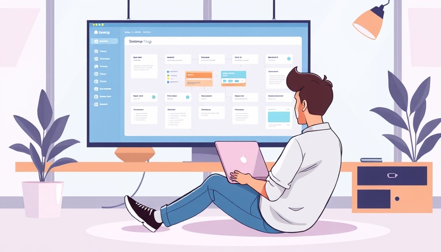 Illustration of a person analyzing a sitemap on a screen, focusing on tech workspace theme.