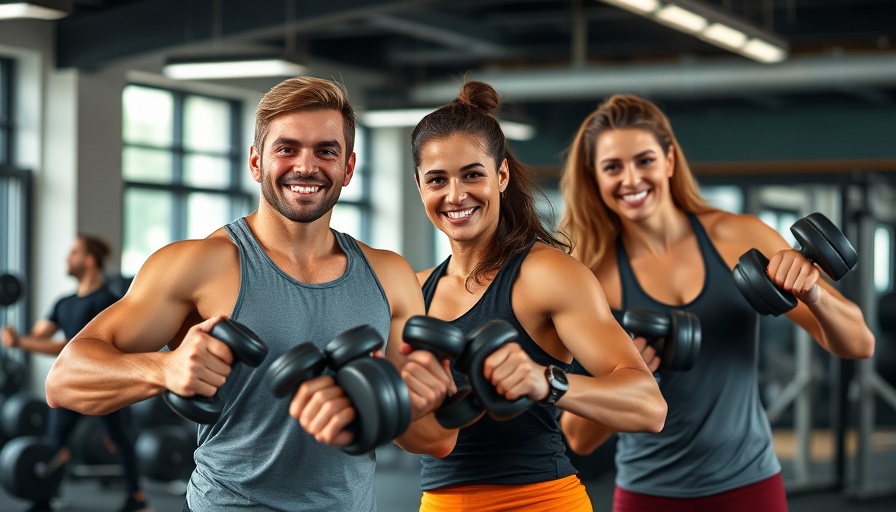 30 Min Full Body Dumbbell Workout trainers posing energetically in gym.