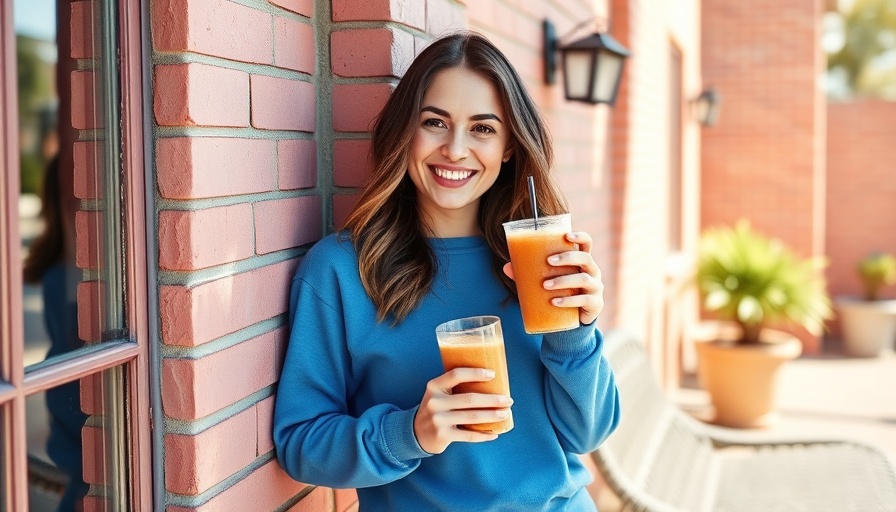 Woman enjoying spring smoothie date in blue sweatshirt, outdoor setting.