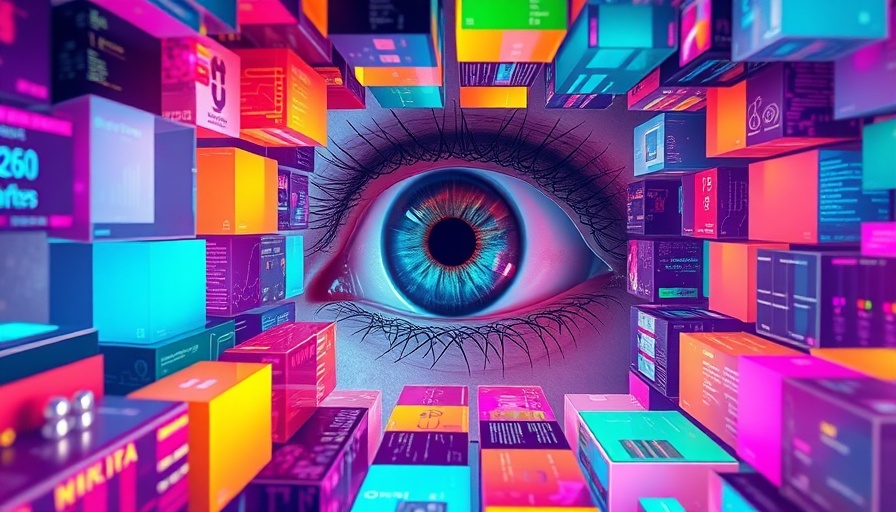 Futuristic abstract eye with digital cubes, AI authorship concept.