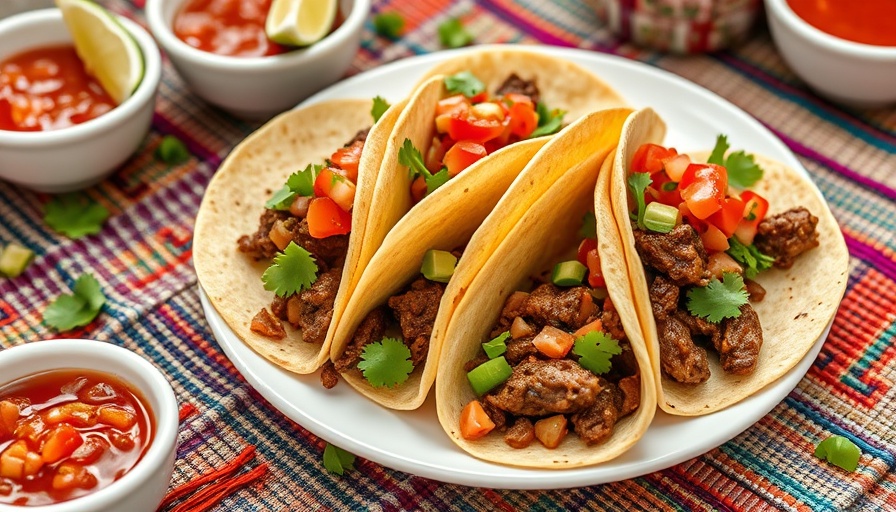 Beef and chorizo tacos with fresh salsa on plate.