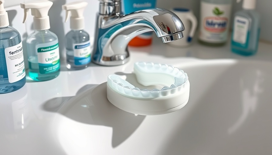 Pristine dental night guard on a sink with cleaning products.