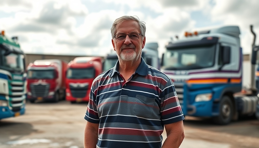 Confident man standing at a truck depot under cloudy sky.
