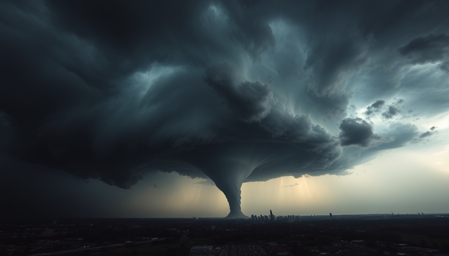 2025 Climate Disaster Costs: Tornado over silhouetted cityscape.