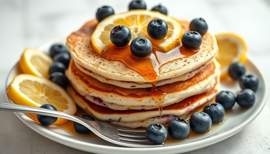 Fluffiest Lemon Blueberry Poppy Seed Pancakes topped with blueberries on a plate.