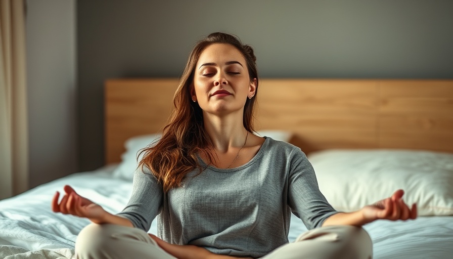 Peaceful woman meditating in bed with serene expression.