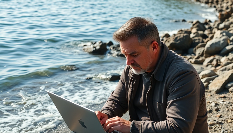 Digital nomad working on a laptop by the beach, showcasing remote work.