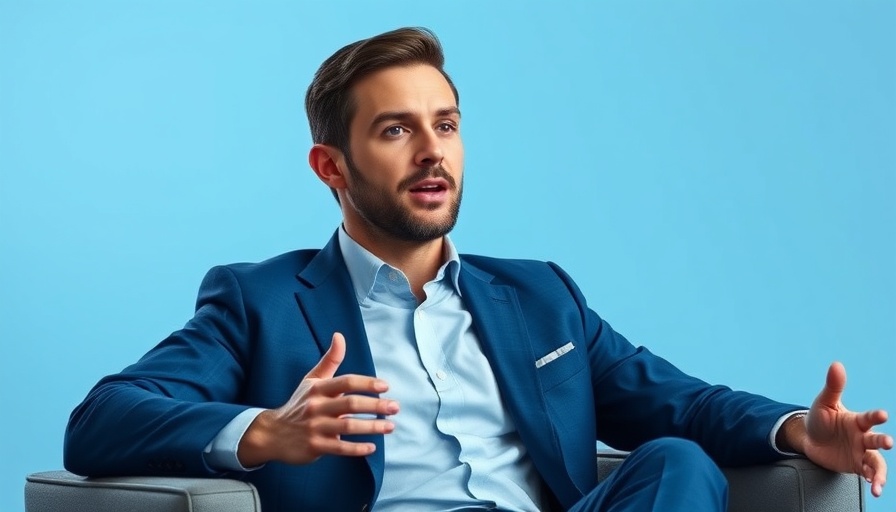 Man in blue suit speaking passionately, soft blue background.