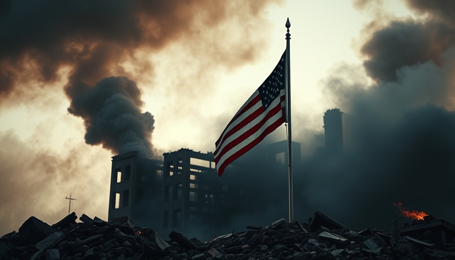 American flag amidst fire aftermath, symbolizing resilience. Environmental Justice Grants Cancellation.