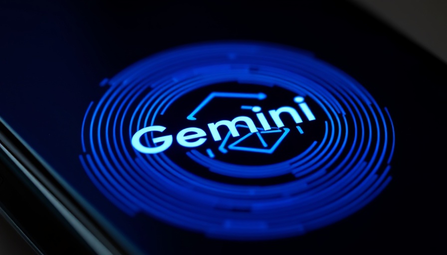 Gemini AI logo on iPhone with a blue holographic AI display.