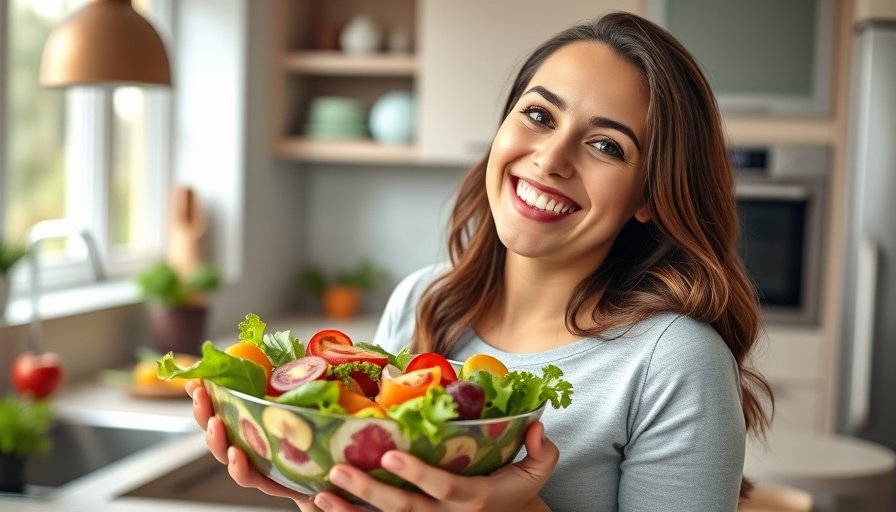 Woman enjoying salad in a modern kitchen, emphasizing parasite cleanse benefits.