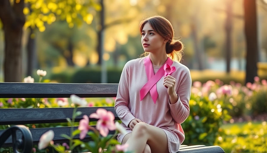 Young woman with breast cancer awareness ribbon in park, highlighting breast cancer mortality in women ages 20-49.