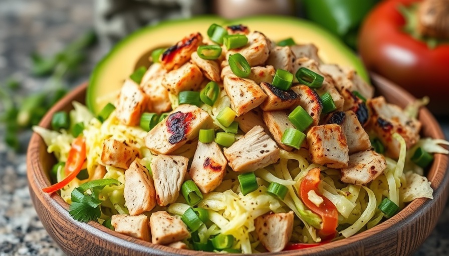 Spicy Ranch Chopped Chicken Cabbage Salad with grilled chicken and avocado.