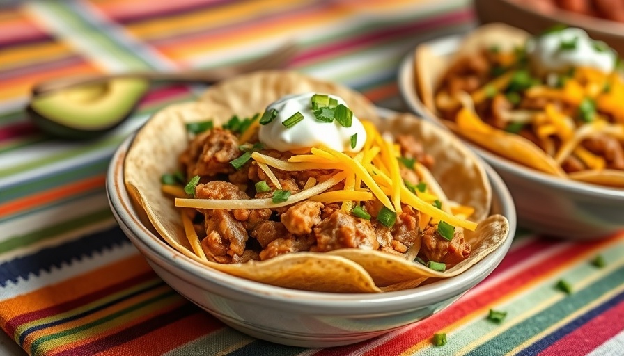 Green Chile Pork Taco Bowl on striped tablecloth.