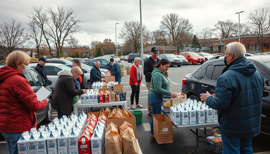 Food bank distribution scene amidst federal cuts, community support.