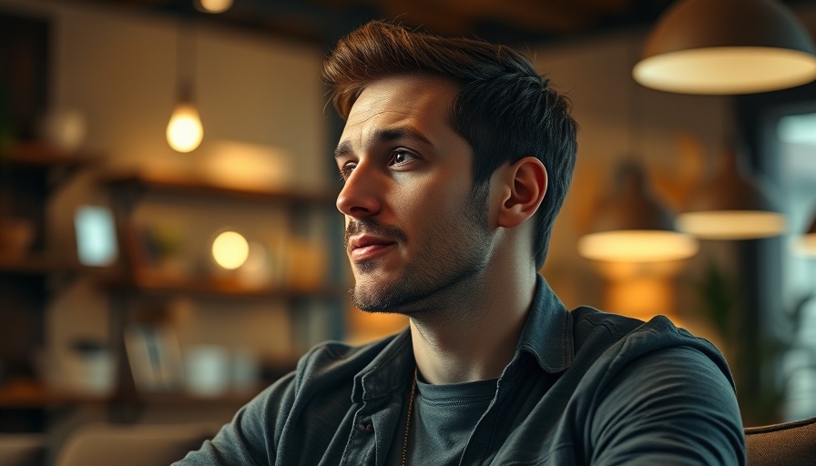 Contemplative man discussing AI in modern setting