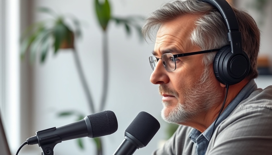 Middle-aged man engaging in podcast discussion, 'fit leads to wealth'.