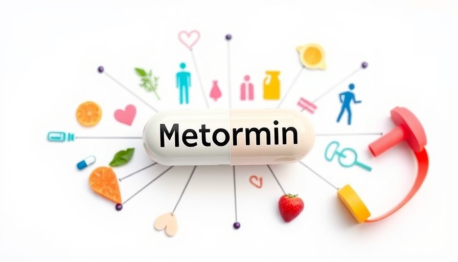 Metformin and anti-aging collage with health symbols.