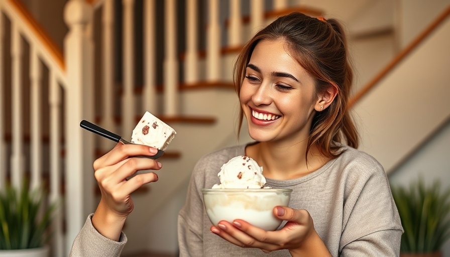 Young woman enjoying homemade protein ice cream indoors.