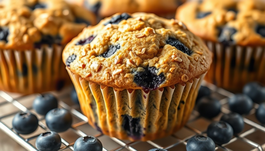 Healthy blueberry oatmeal muffin cooling on rack.